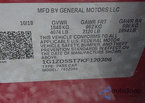 2019 Chevrolet Malibu Lt из США, поврежденный, VIN 1G1ZD5ST7KF120306